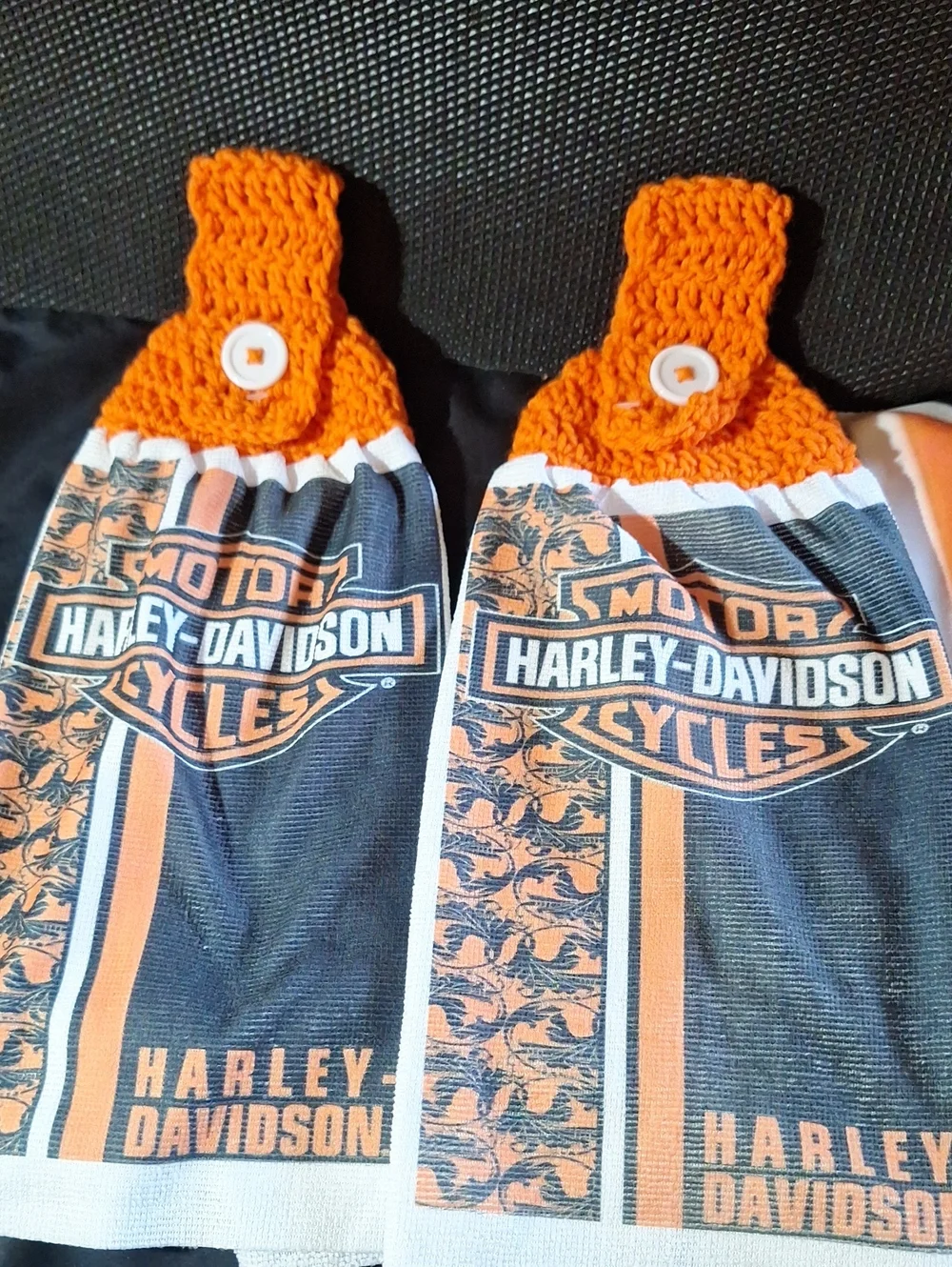 New Artisan Handmade Harley Davidson Hanging Kitchen Towels Crochet Top Set 2
